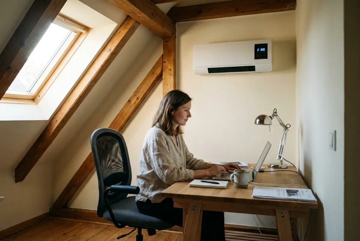CoolCove in Emma’s attic home office — working at 75 °F while it’s 91 °F outside